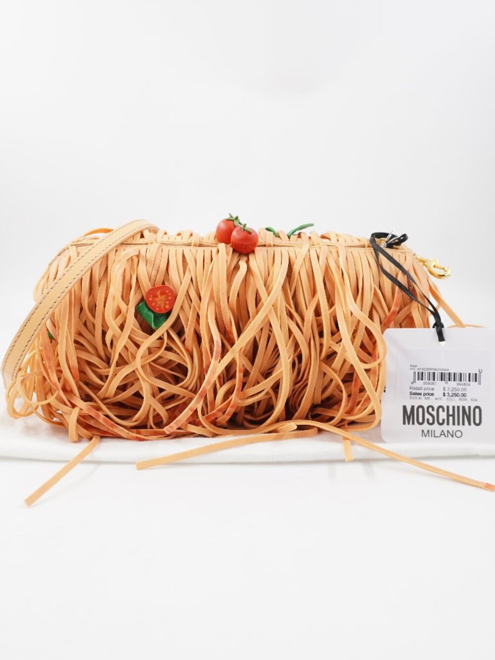 Moschino Spaghetti Clutch Shoulder Bag In Beige With Tomato And Basil Details